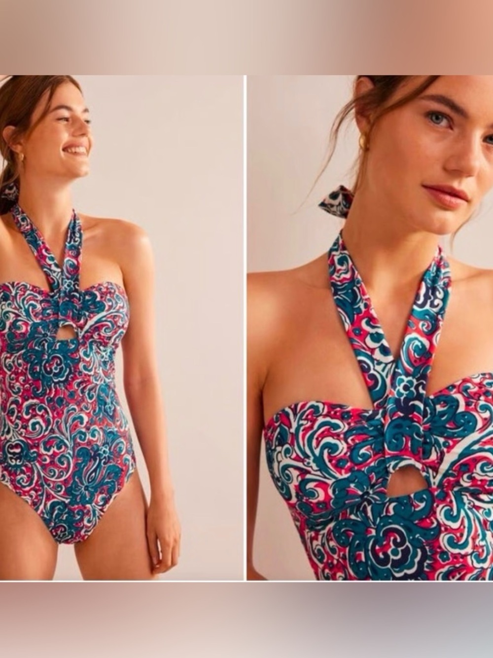 Boden Paisley Halter One-Piece Swimsuit in Teal, Pink & White